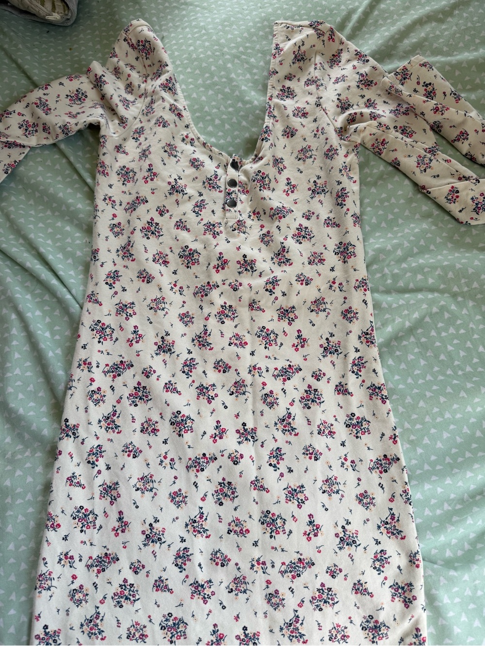 Roxy Cream Floral Long Sleeve Chemise with Button V-Neck